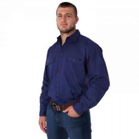 King River Full Button Work Shirt - STEEL BLUE