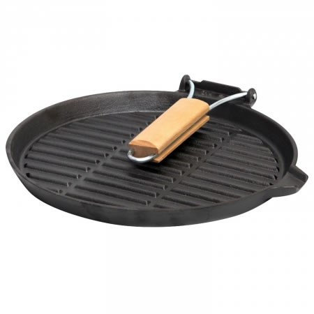 Cast Iron 24cm Round Grill Pan with Folding Wooden Handle