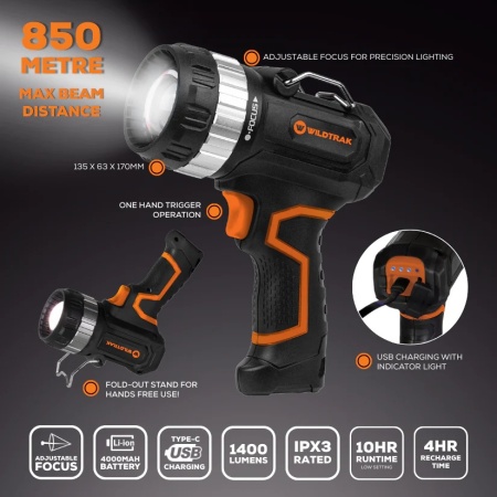 Handheld CROCHUNTER Rechargeable LED Spotlight, 1400L, 825M Reach, Variable Beam